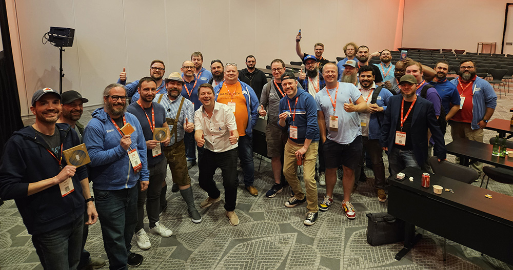 A group of folks who attended one of the two Happy Hour sessions on Home Assistant topics. Many folks in this photo walked away with giveaways!
