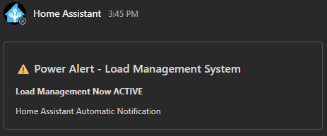 Screen snip of a Teams message from "Home Assistant" indicating there's a Power Alert - Load Management System stating Load Management is ACTIVE and that it was an automatic notification.