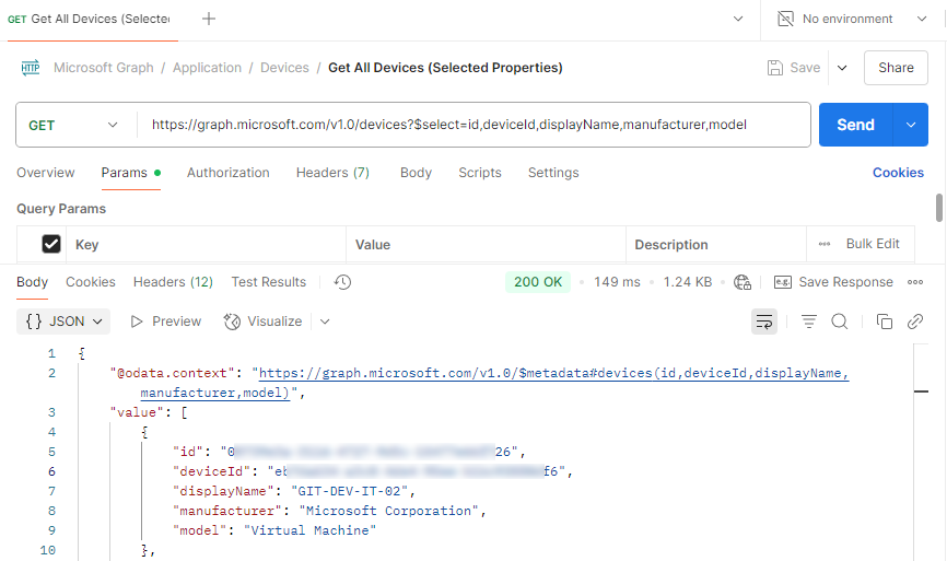 Snip of the Postman interface with an All Devices graph call and results loaded.